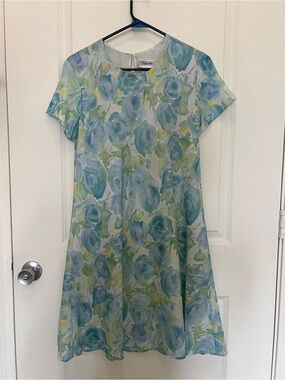 Vintage Styleworks Floral A-Line Dress in Light Blue & Green